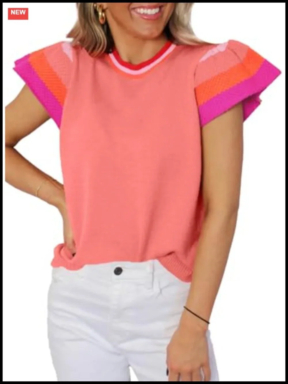 Women's Color Block Knit Pullover Sweater Short Sleeve Crewneck Lightweight